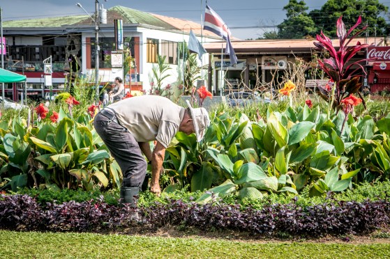 A man tends the public flower beds in the city center square in La Fortuna, Costa Rica NotSoSAHM