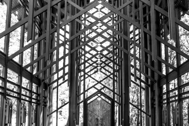 Light streams in through the windows of Thorncrown Chapel in Eureka Springs, AR. NotSoSAHM