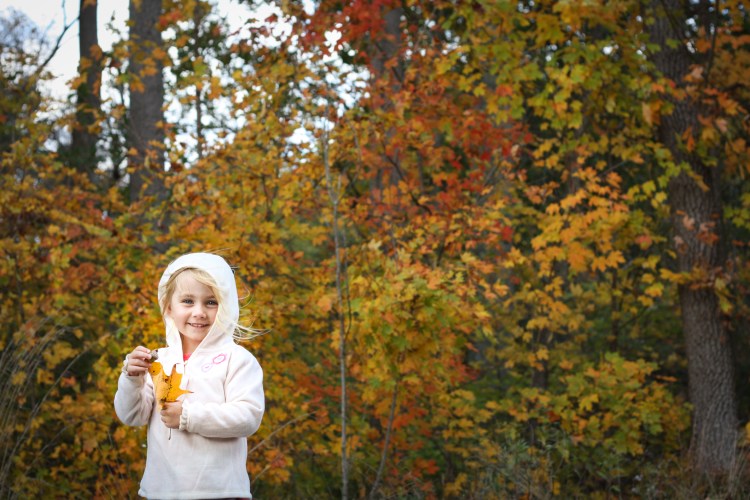 A girl holds a golden leaf and stands in front of a forest of changing leaves. Not So SAHM